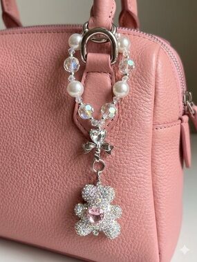 Silver-tone Crystal Teddy Bear Pendant Bracelet with Pink Heart Accent